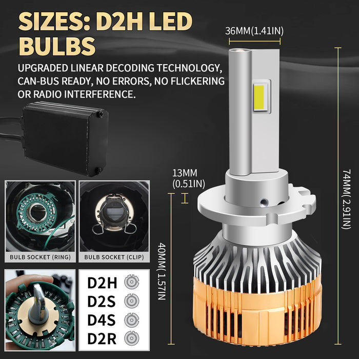 VLAND D2H LED Bulbs Conversion Kit Super Bright Cold White for Projector headlights Hi/Lo Beam, 6000 Lumen, 6300K, 60W, DC 9~36V