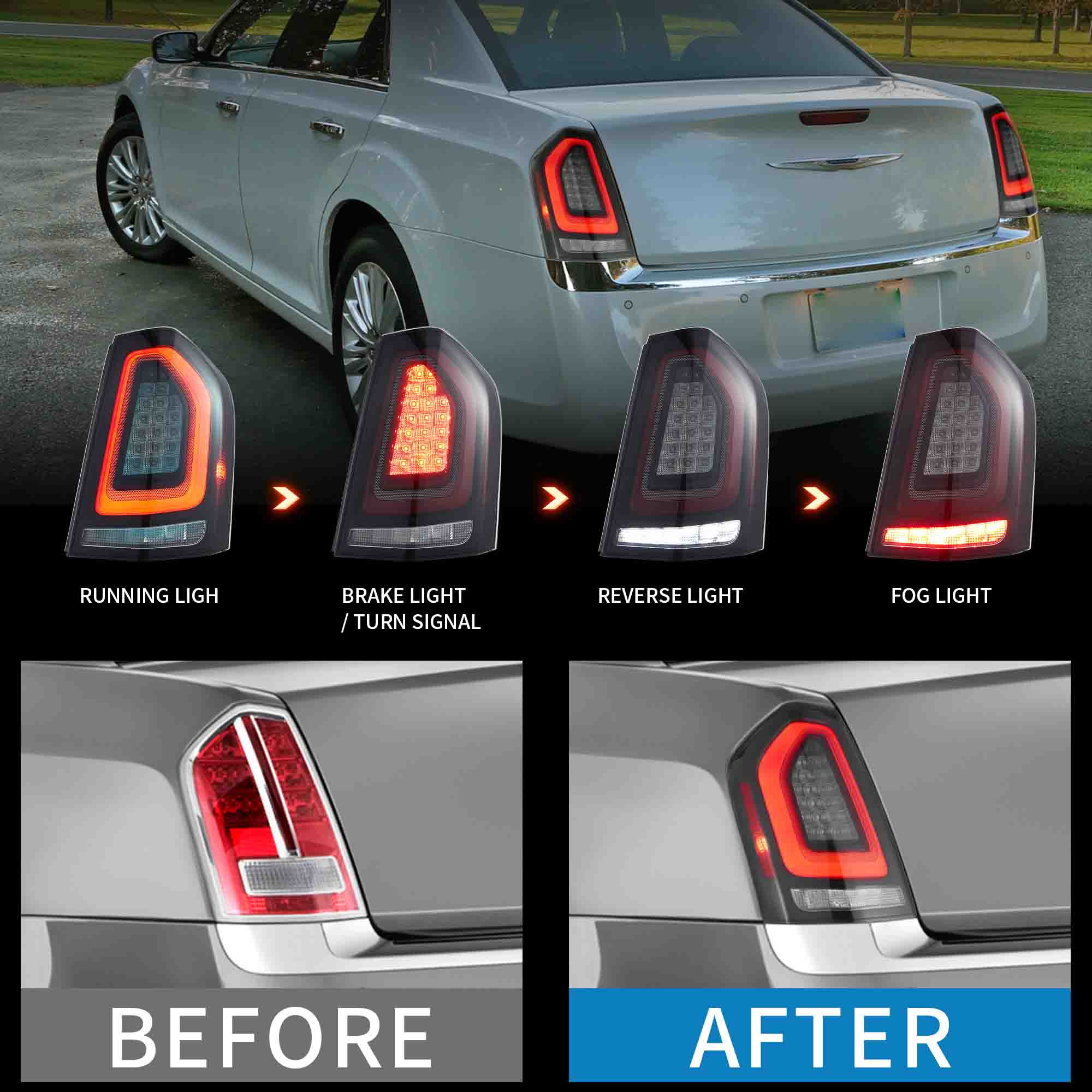VLAND Black LED DRL Projector Headlights For Chrysler 300 (2011-2023) – Pair, 6500K, DOT/SAE Certified