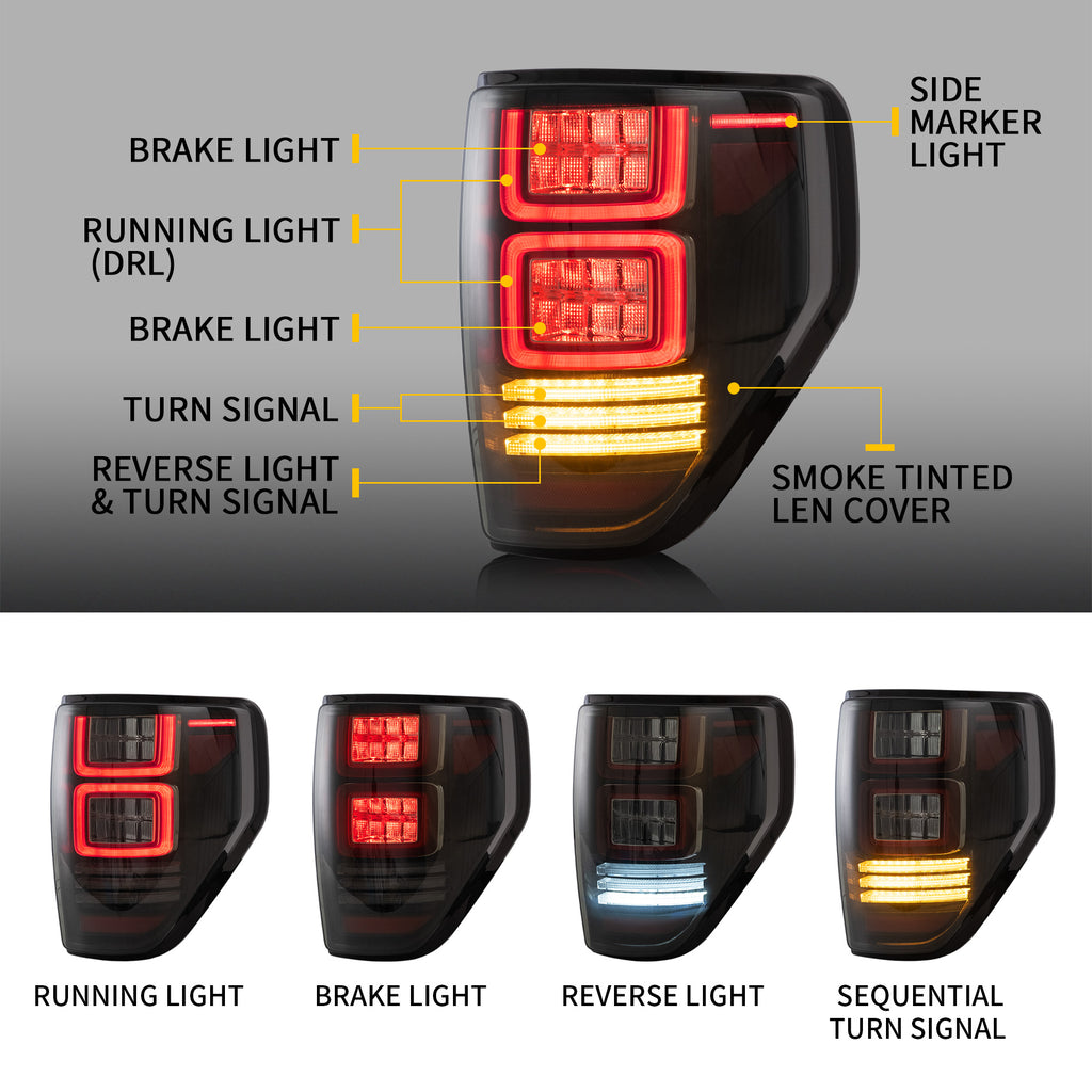 VLAND LED Taillights For 2009-2014 Ford F150 W/Amber Sequential Turn Signal