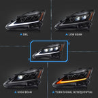A 2x2 feature comparison graphic showing a black LED car headlight in five states: DRL, Low Beam, High Beam, and Turn Signal with Sequential. The center panel shows the headlight illuminated with a blue outline.