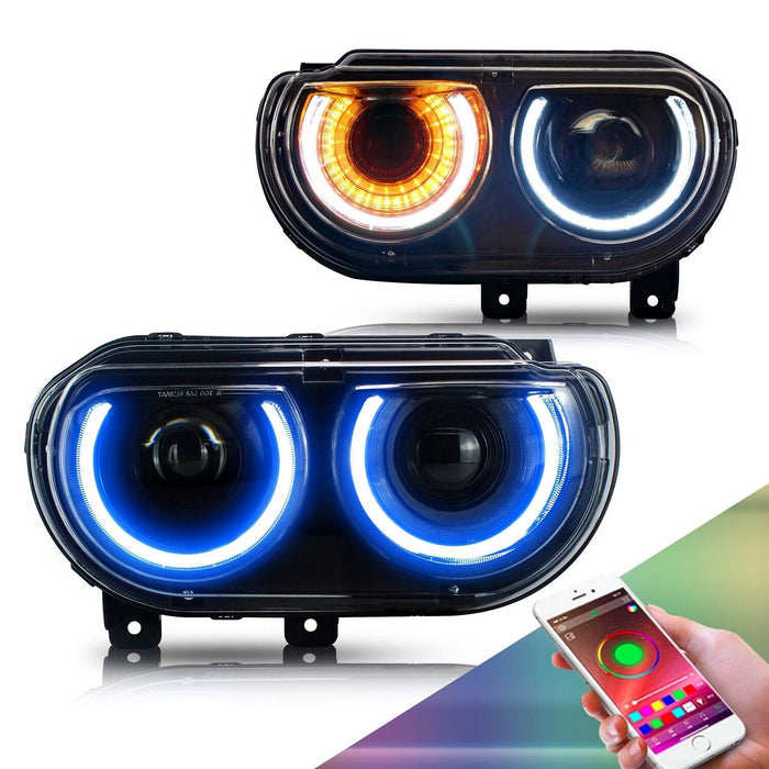 VLAND LED RGB Headlights For Dodge Challenger 2008-2014 Multi Color Changing Front Lamps