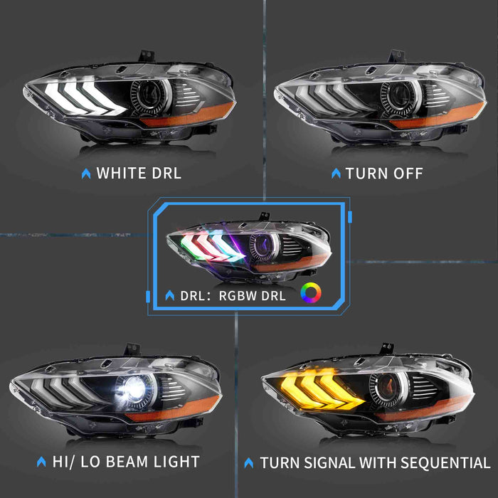 フォード マスタング 2018-2023 アフターマーケット フロント ライト アセンブリのための VLAND LED RGB ヘッドライト