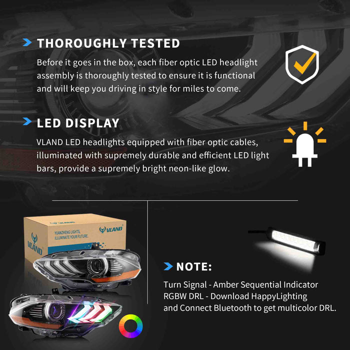 VLAND LED-RGB-Scheinwerfer für Ford Mustang 2018–2023, Aftermarket-Frontleuchten-Montage