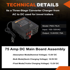 PM3-75LK RV Power Converter - 75 Amp 110V AC to 12V DC Battery Charger with Lithium/Lead-Acid Switch