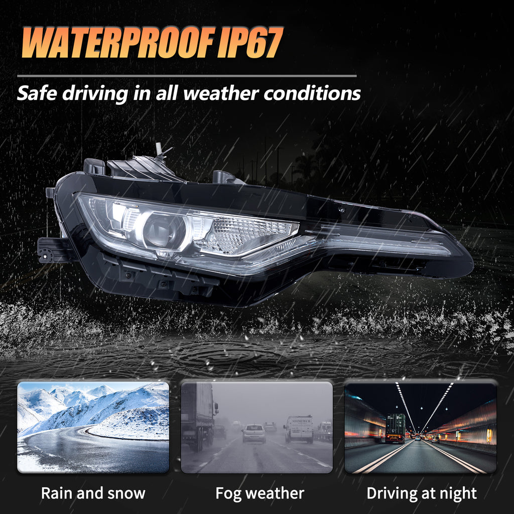 Chevrolet Camaro SS vland headlights waterproof rating and suitability for various weather conditions.