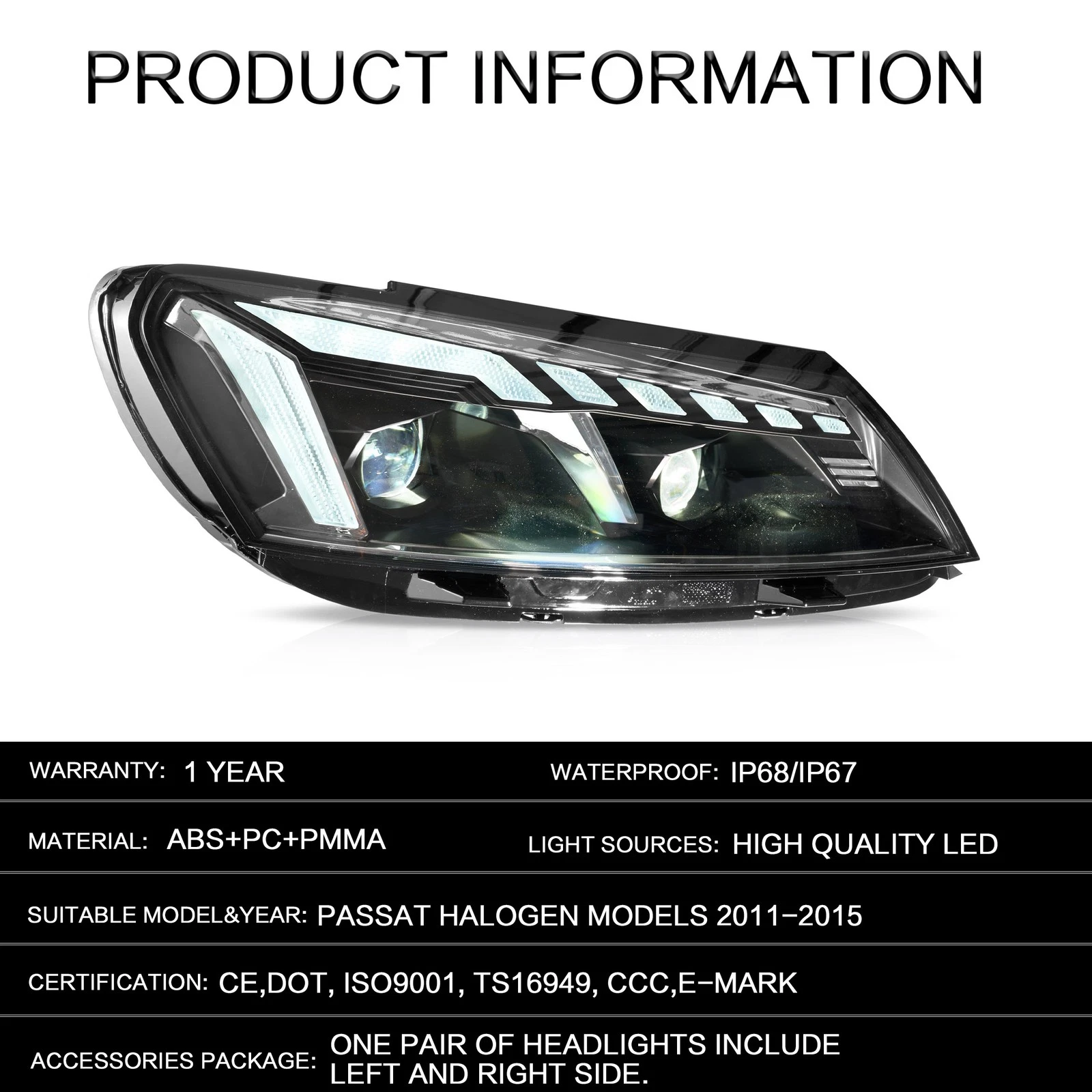 VLAND LED Projector Headlights For 2011-2015 Volkswagen Passat Halogen Model