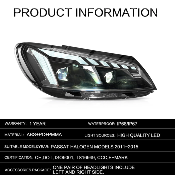 VLAND LED Projector Headlights For 2011-2015 Volkswagen Passat Halogen Model