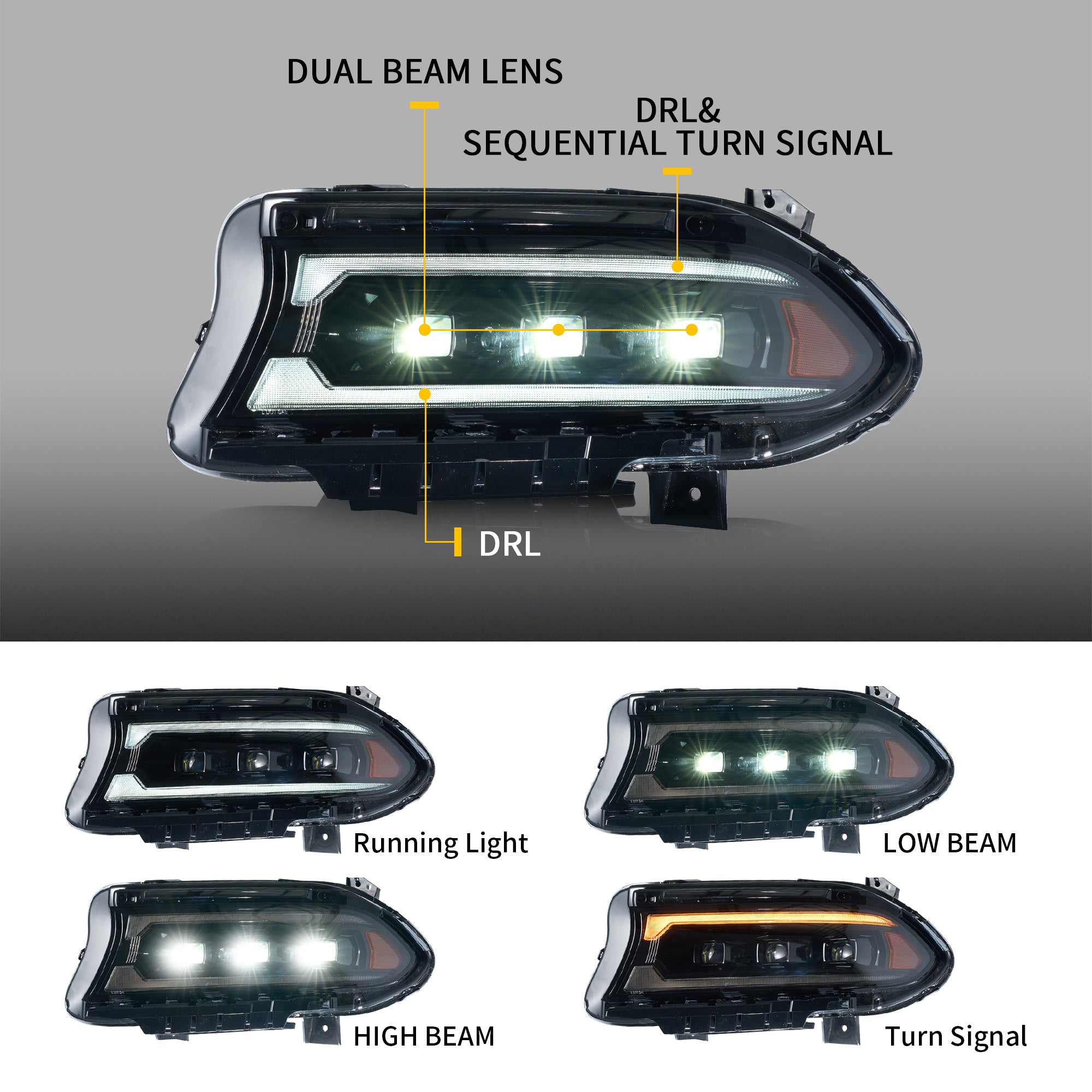 2015-2023 Dodge Charger Vland Bi-LED Projectors Headlights Black 2015-2023 Dodge Charger Vland Bi-LED Projectors Headlights Black