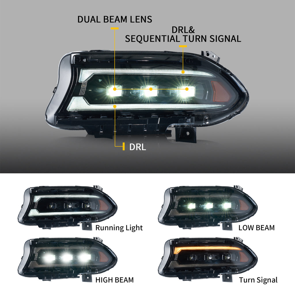 VLAND LED Projector Headlights For 2015-2023 Dodge Charger Halogen Models