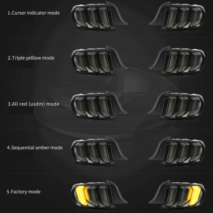 Feux arrière VLAND Full LED pour Ford Mustang 2015-UP avec clignotant séquentiel (5 modes commutables)