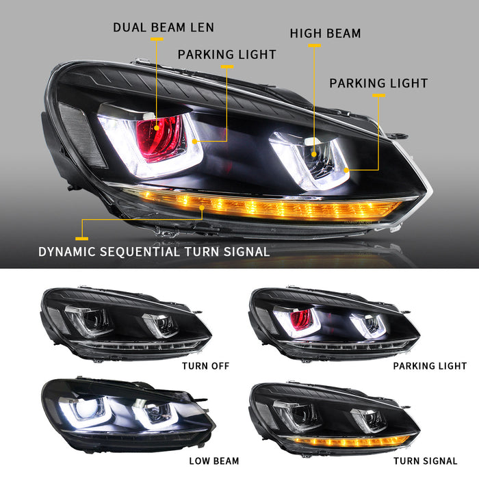Phares LED VLAND pour Volkswagen Golf Mk6 2009-2014 compatibles avec les modèles de feux avant halogènes d'usine