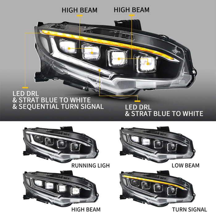2016-2021 Honda Civic Sedan Hatchback Coupe LED Headlights Front Lights Assembly