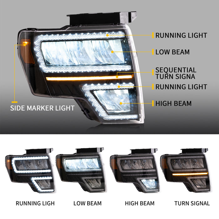 VLAND Full LED Headlights For Ford F150 Pickup 2009-2014 with DRL F-150 Aftermarket Headlamps Assembly