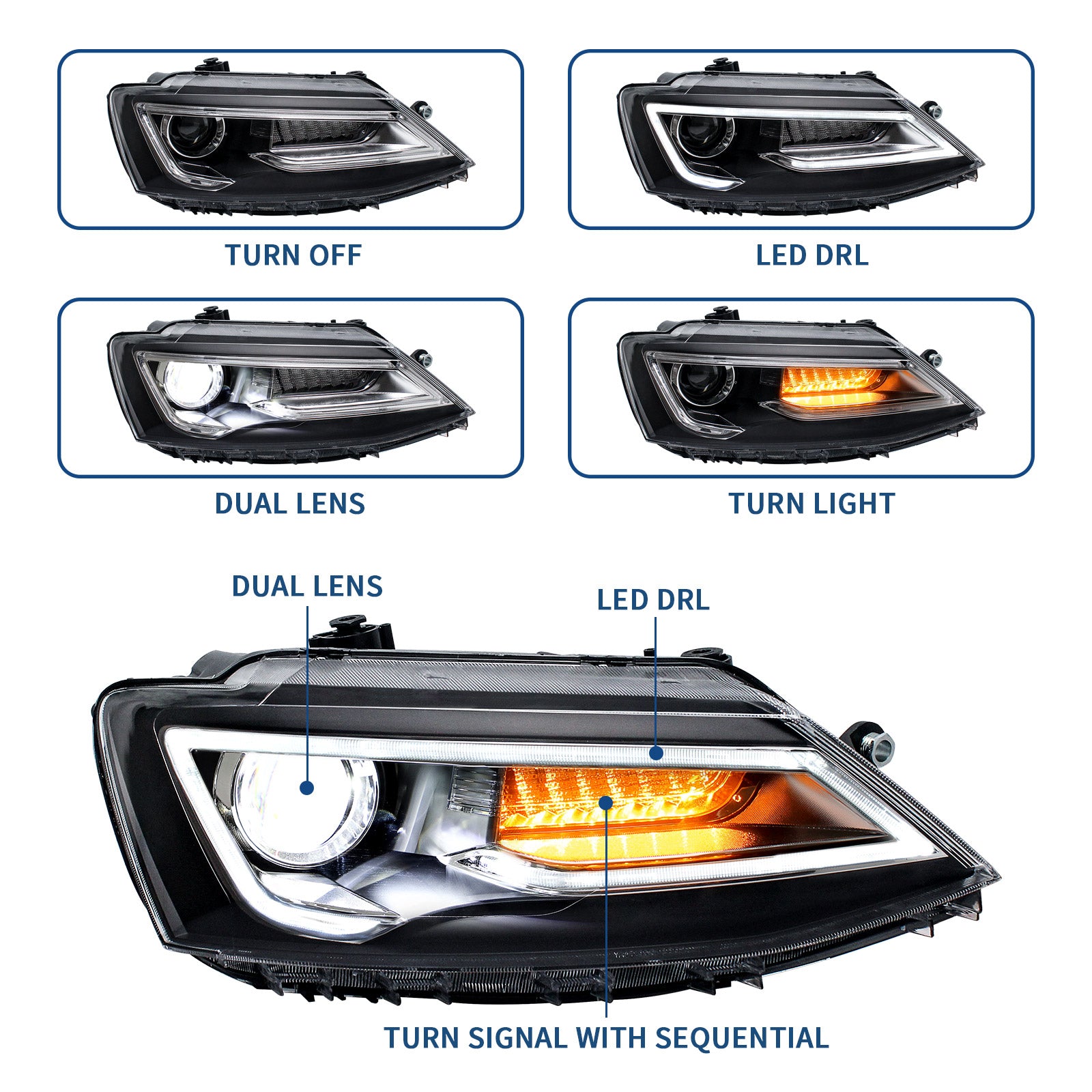<<<t37>18>0>LAND  LED  HeadlighTs  For 2011-2018 Jetta  MK6