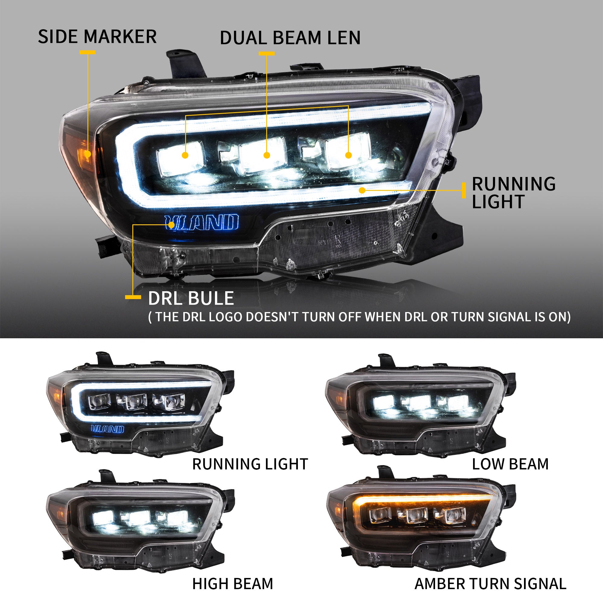 VLAND LED Projector Headlights For 2016-2023 Toyota Tacoma