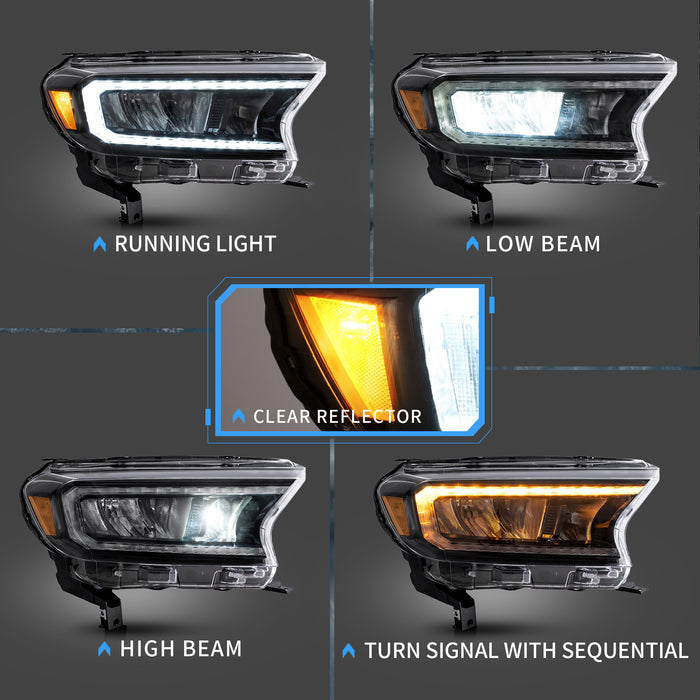 Faros delanteros con proyector de matriz LED VLAND para Ford Ranger (T6) Raptor y Wildtrak 2015-2021 con indicadores secuenciales, señales de giro, no aptas para la versión de EE. UU.