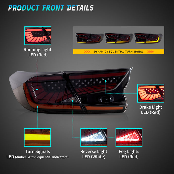 VLAND LED Tail Lights For Honda Accord 2018 2019 2020 2021 10th Gen with Amber Sequential Turn Signal Rear lamps