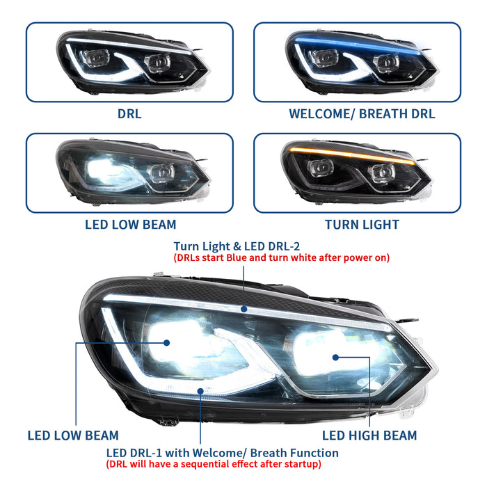 Phares de projecteur LED VLAND pour Volkswagen (VW) Golf Mk6 2008-2014 avec clignotants séquentiels (style de conception MK8)