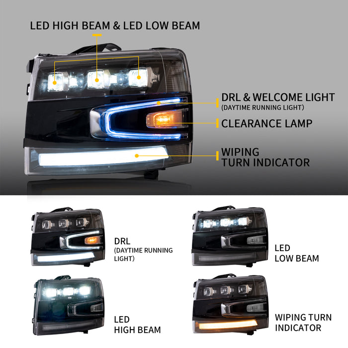 Phares de projecteur LED VLAND pour Chevrolet Silverado 1500 2500HD 3500HD 2007-2013