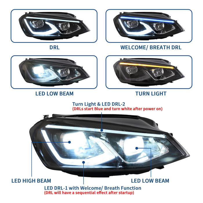 VLAND Feux avant LED pour les modèles de phares halogènes Volkswagen Golf MK7 2015-2017 (l'Europe est 2013-2016)