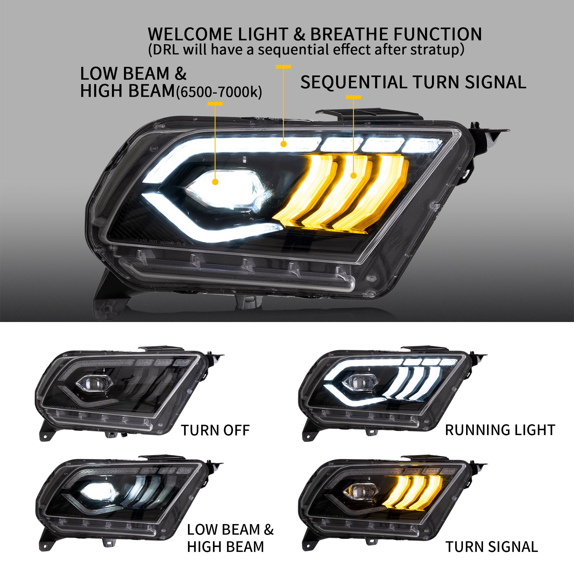 VLAND LED Projector Headlights For 2010-2014 Ford Mustang