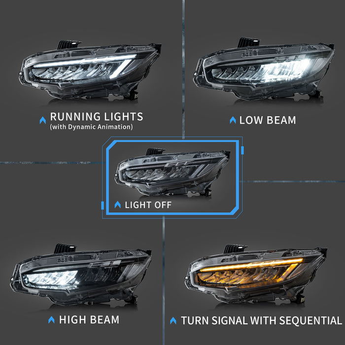 ホンダシビック2016-2020セダン＆ハッチバック用VLAND LEDヘッドライト、アンバーシーケンシャルターンシグナル付き