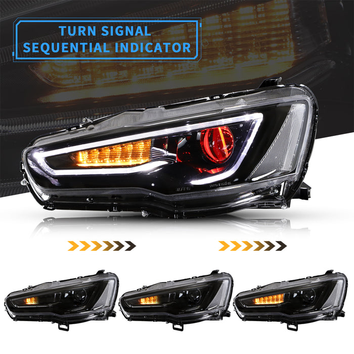 VLAND LED Headlights For 2008-2017 Mitsubishi Lancer EVO X With Sequential & Demon Eyes Aftermarket Front Lights