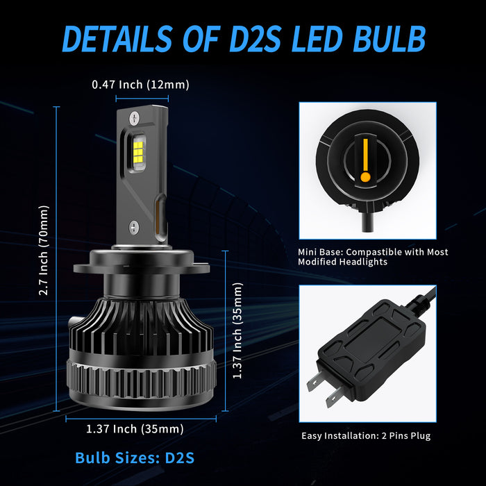 VLAND D2S H7 LED-Scheinwerferlampen, 2 Stück, Fern-/Abblendlicht, 6000 K, Weiß, 50 W, 12–24 V