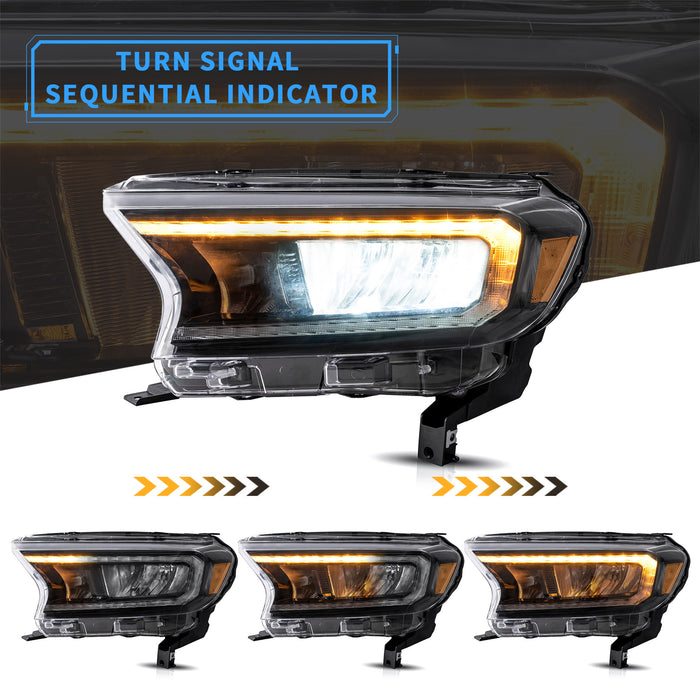 Faros delanteros con proyector de matriz LED VLAND para Ford Ranger (T6) Raptor y Wildtrak 2015-2021 con indicadores secuenciales, señales de giro, no aptas para la versión de EE. UU.