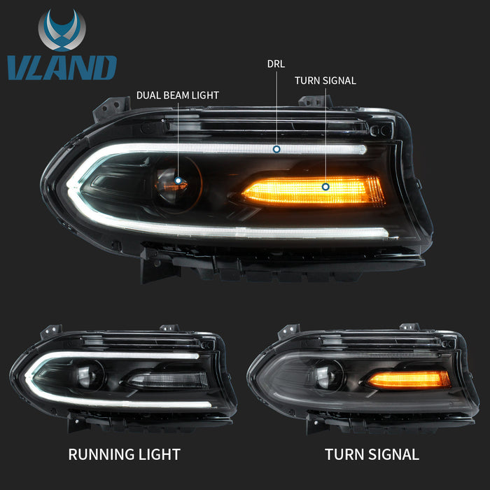 VLAND Phares LED pour modèles halogènes Dodge Charger 2015-2024
