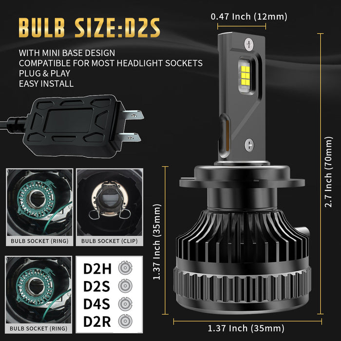 VLAND D2S H7 LED Headlights Bulbs 2PCS High/Low Beam light bulb 6000K White 50W 12-24V