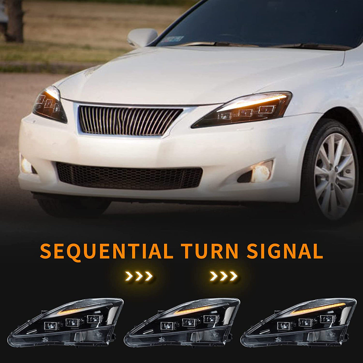 VLAND Projector Headlights For 2006-2013 Lexus IS250 IS350 ISF – LED, Black Housing, Amber Reflector