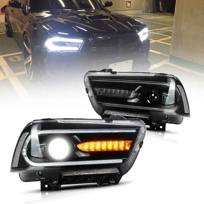 Faros delanteros de proyector LED VLAND para Dodge Charger 2011-2014 con montaje de faros intermitentes secuenciales