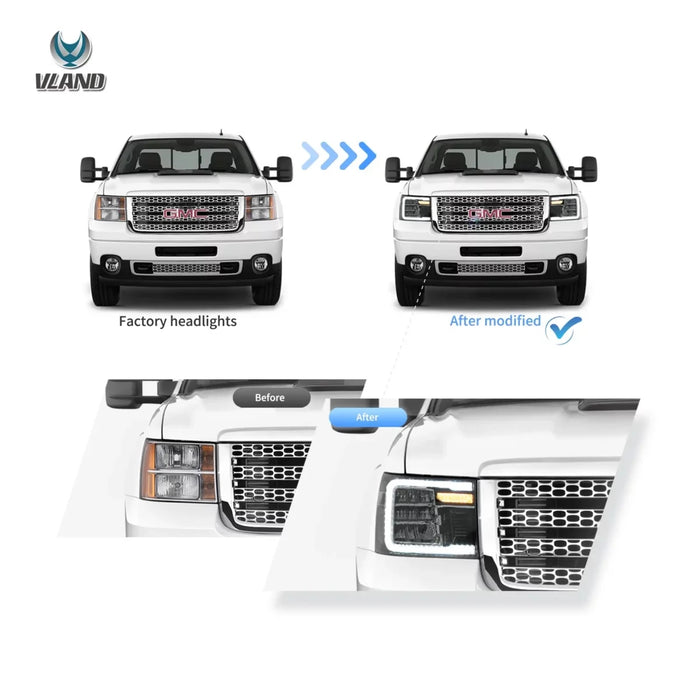 2014-2018 GMC Sierra 1500＆2500HDおよび3500HD用VLANDフルLEDヘッドライト