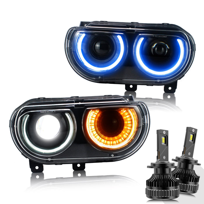 VLAND LED RGB Headlights For Dodge Challenger 2008-2014 Multi Color Changing Front Lamps
