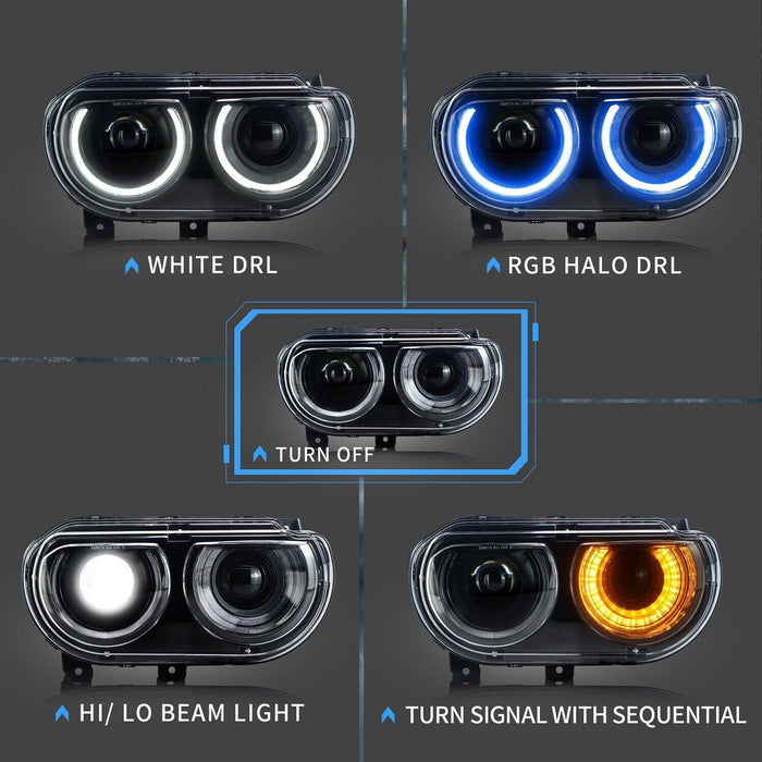VLAND LED-RGB-Scheinwerfer für Dodge Challenger 2008–2014, mehrere Farbwechsel-Frontlampen
