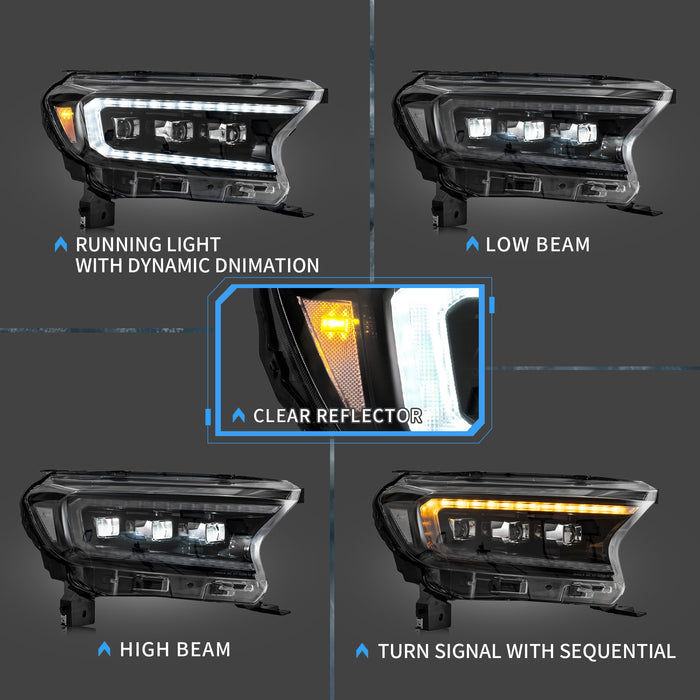 Fari per proiettori a matrice di LED VLAND per Ford Ranger (T6) Raptor e Wildtrak 2015-2021 con indicatori di direzione sequenziali NON ADATTI PER LA VERSIONE USA