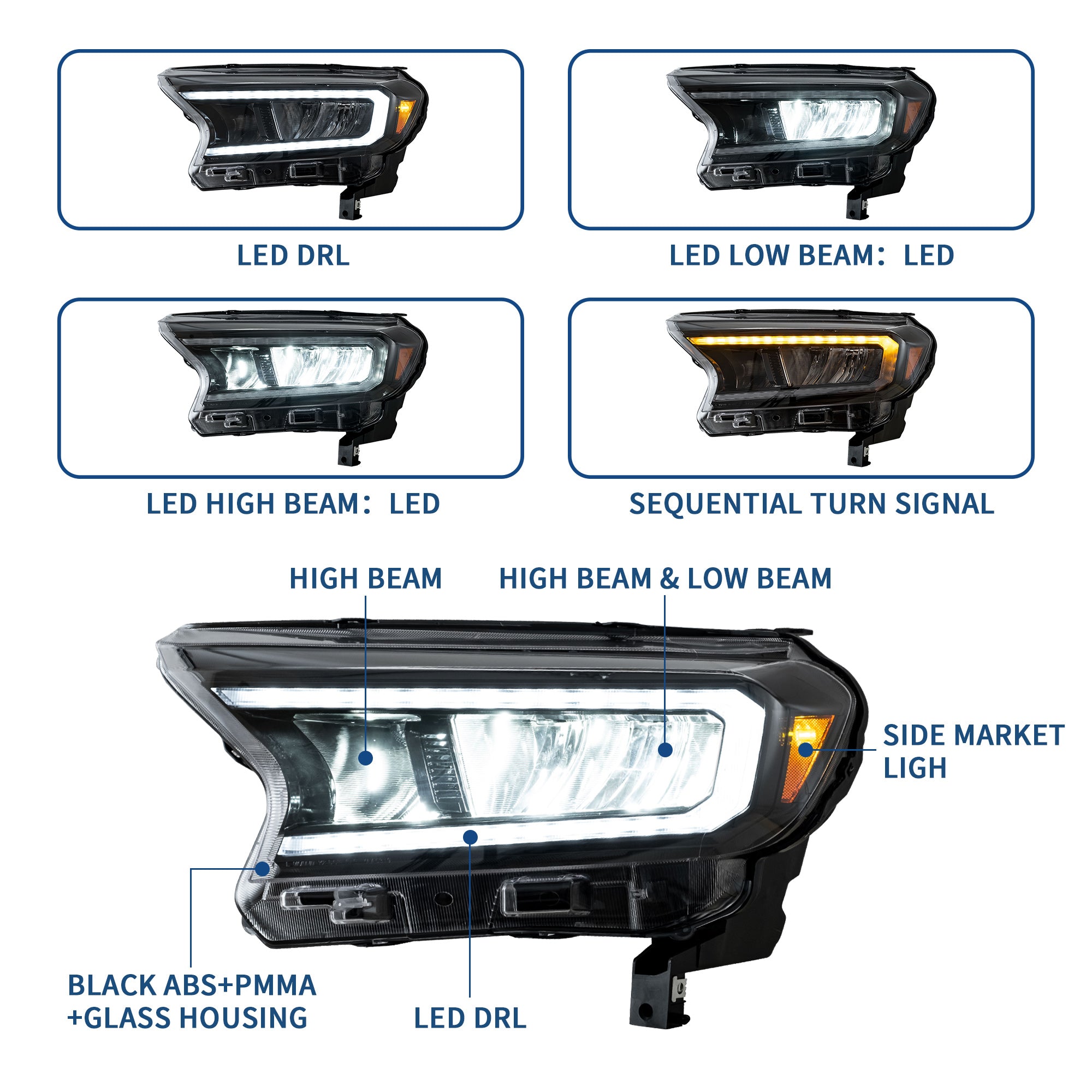 Faros delanteros LED completos VLAND para Ford Ranger 2015-2023 [Edición internacional]